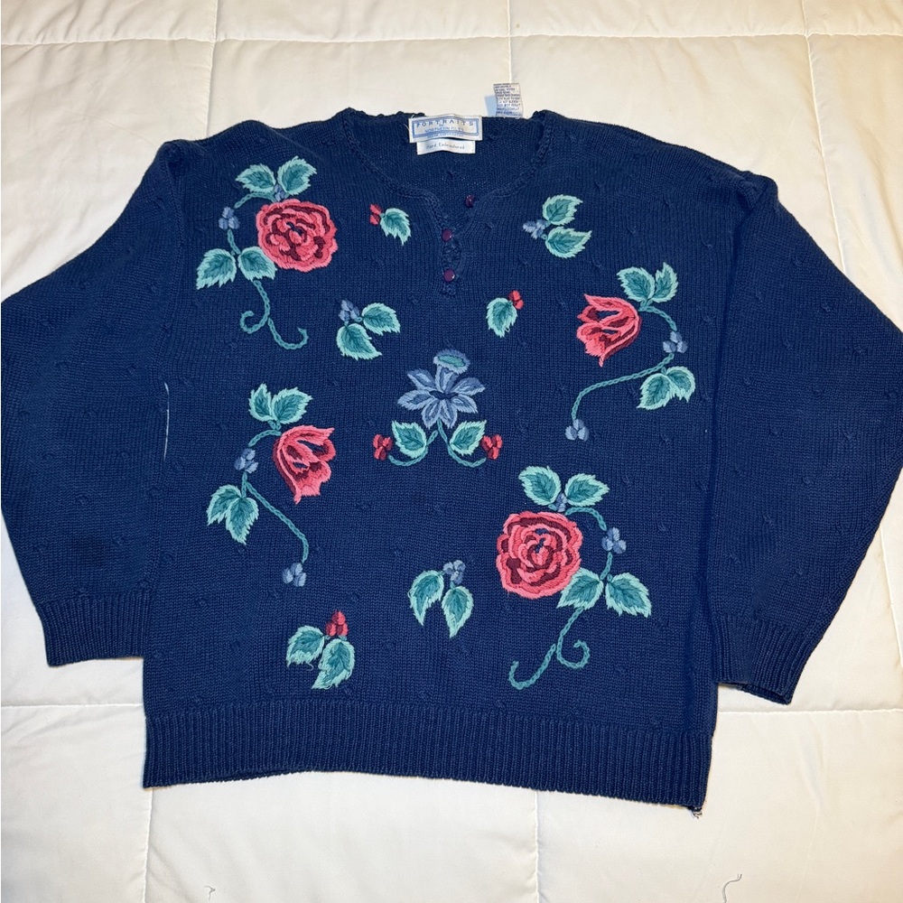 VTG Floral Hand Embroidered Navy Sweater